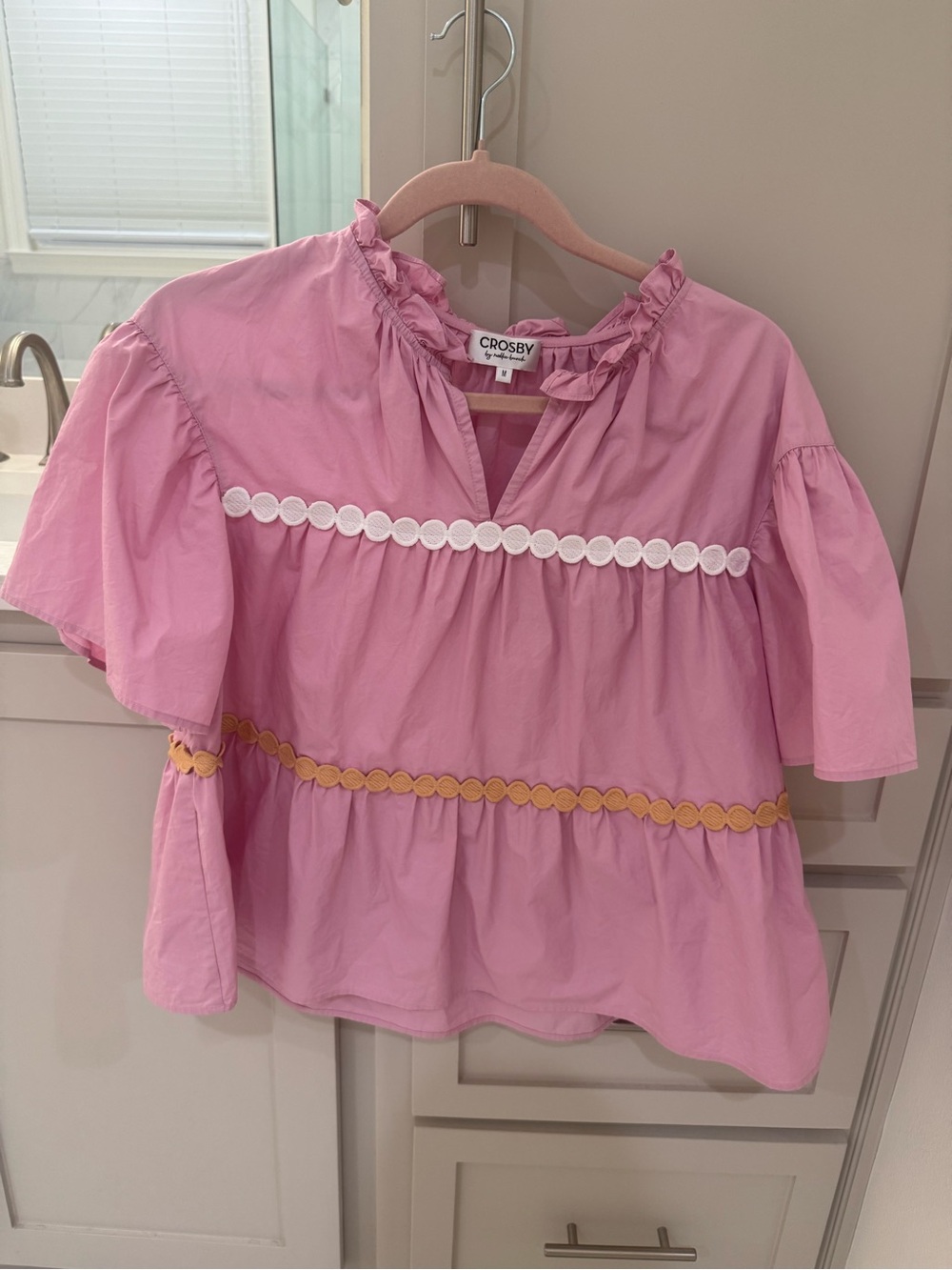 Crosby Pink Ruffle Neck Girls' Top with Trim